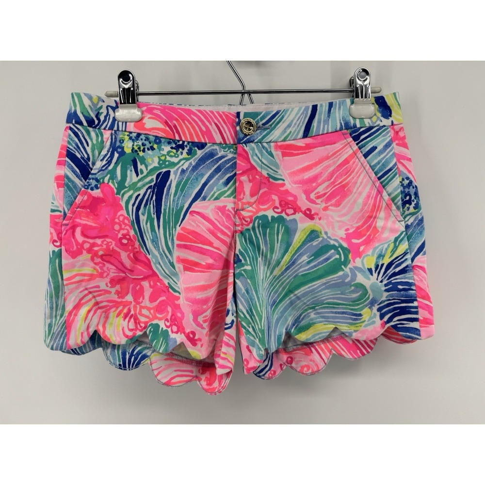 Lilly Pulitzer Buttercup Shorts Womens 0 Scallop Hem Pink Blue Coral Print